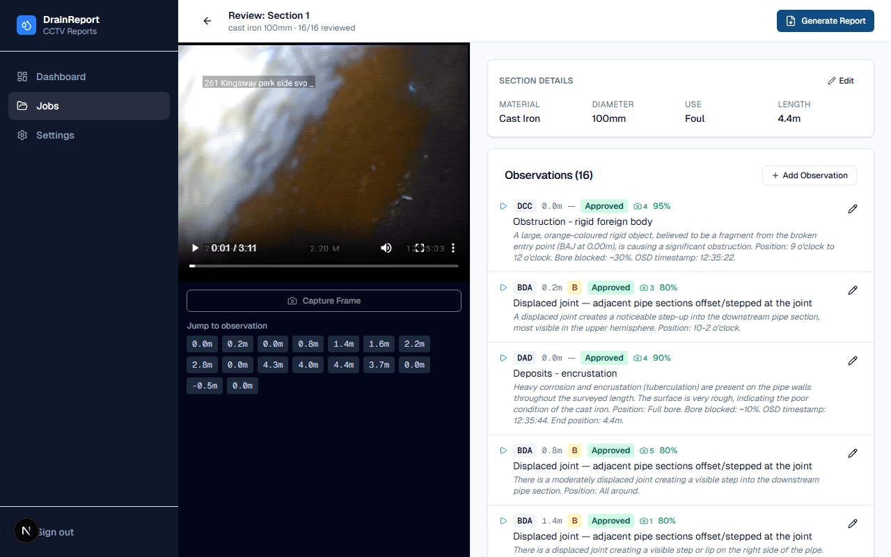 DrainReport review dashboard showing AI-coded observations alongside the survey video